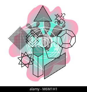 Sfondo astratto con forme geometriche e cactus. Linea stampa di arte Illustrazione Vettoriale