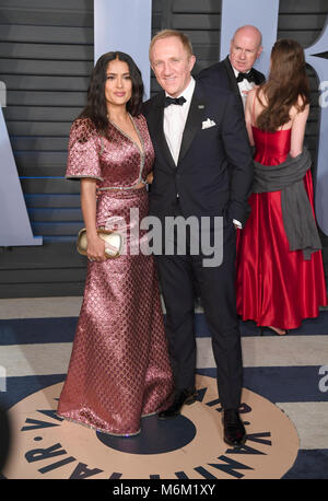 Salma Hayek e Pinault Francois-Henri arrivando al Vanity Fair Oscar Party a Beverly Hills Los Angeles, Stati Uniti d'America. Foto Stock