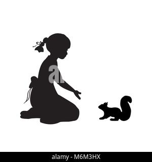 Silhouette ragazza seduta ginocchia fanno capolino scoiattolo. Illustrazione Vettoriale Illustrazione Vettoriale