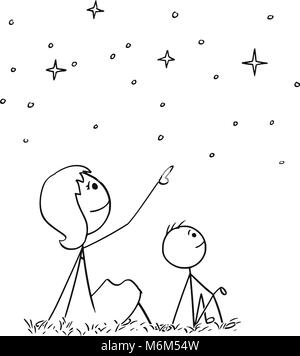 Cartoon di madre e figlio guardando il cielo di notte stelle Illustrazione Vettoriale