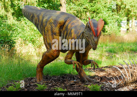 Full Size modello di dinosauro Dilophosaurus nel Parco dinosauri in Givskud Zoo Givskud, Danimarca. 8 agosto 2015. Givsud Zoo è una delle più grandi tourist Foto Stock