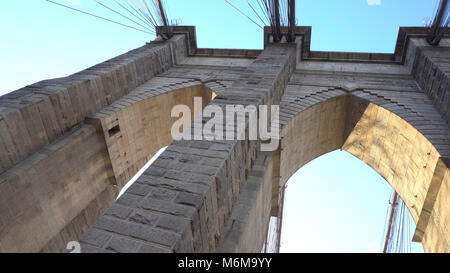 Dritto fino alla ricerca che istituisce immagine del ponte di Brooklyn Bridge archway. Il supporto dei cavi di sospensione di New York famosa strada oltre l'East River Foto Stock