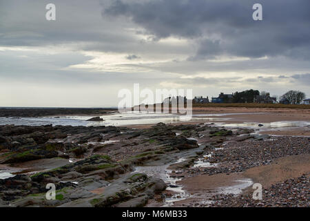 Il Villaggio di Pescatori di Easthaven, sulla costa est della Scozia vicino a Carnoustie si affaccia ad est attraverso il mare del Nord in un freddo giorno di vento. Foto Stock