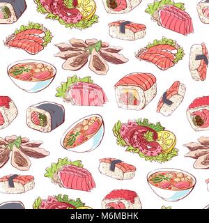 La cucina giapponese piatti su sfondo bianco Illustrazione Vettoriale