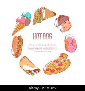 Deliziosi hot dog menu con il fast food schizzi Illustrazione Vettoriale
