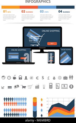 Infografico Shopping set con grafici e altri elementi. Design piatto concetto con le icone degli elementi del commercio Illustrazione Vettoriale