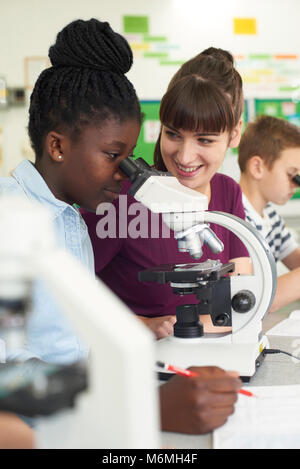 Un gruppo di alunni con insegnante utilizzando microscopi in Classe di Scienze Foto Stock