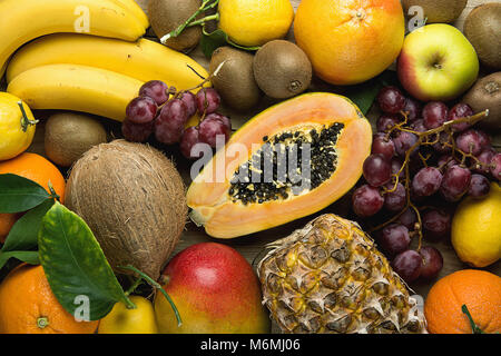 Assortimento di fresco tropicale e l'estate Frutta di stagione Ananas Papaia Mango Coconut Arance Kiwi banane Limoni Pompelmi e pomeli su uno sfondo di legno. Guarire Foto Stock