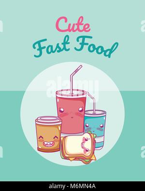 Carino il fast food combo kawaii cartoon illustrazione vettoriale graphic design Illustrazione Vettoriale