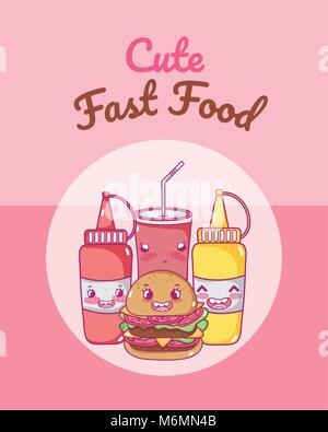 Carino il fast food combo kawaii cartoon illustrazione vettoriale graphic design Illustrazione Vettoriale