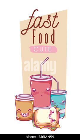 Carino il fast food combo kawaii cartoon illustrazione vettoriale graphic design Illustrazione Vettoriale