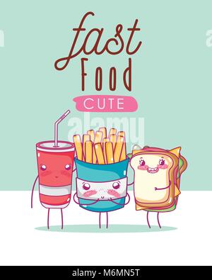 Carino il fast food combo kawaii cartoon illustrazione vettoriale graphic design Illustrazione Vettoriale