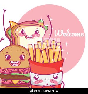 Carino il fast food combo kawaii cartoon illustrazione vettoriale graphic design Illustrazione Vettoriale