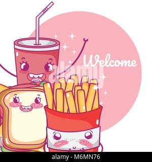 Carino il fast food combo kawaii cartoon illustrazione vettoriale graphic design Illustrazione Vettoriale