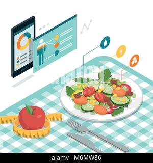 Il cibo e la dieta app con la nutrizione grafico su uno smartphone e il piatto con insalata sana Illustrazione Vettoriale