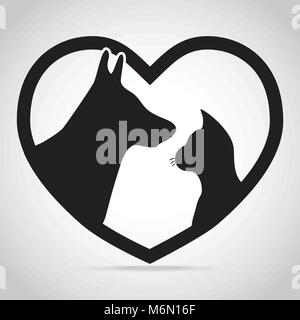 Cane e gatto con icona a forma di cuore. Protezione, cura e concetto di aiuto Illustrazione Vettoriale