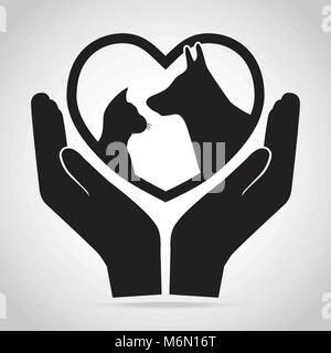 Cane e gatto con il cuore in mano e la relativa icona. Protezione, cura e concetto di aiuto Illustrazione Vettoriale