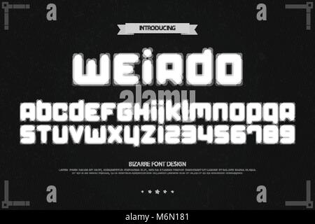 Strano alfabeto di stile lettere e numeri. vettore, bizzarro tipo di font design. glitch scritte simboli. Elegante, blur typesetting. illusione ottica tipo Illustrazione Vettoriale