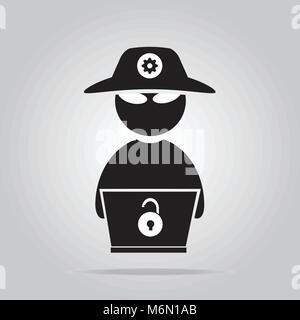 Icona di hacker con il computer portatile in stile appartamento illustrazione vettoriale Illustrazione Vettoriale