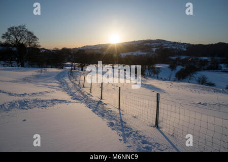 Recinzione in una coperta di neve campo nel tardo pomeriggio la luce del sole. Foto Stock