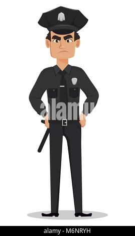 Funzionario di polizia, poliziotto con le mani sui fianchi. Arrabbiato personaggio dei fumetti cop. Illustrazione di vettore isolato su sfondo bianco Illustrazione Vettoriale