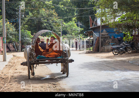 Due monaci buddisti su una mucca carrello. Mingun, Myanmar (Birmania). Foto Stock