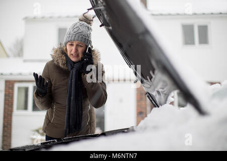 Automobilista femmina ripartiti in Snow chiamando per l'assistenza stradale sul telefono cellulare Foto Stock