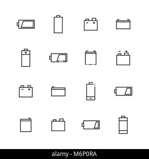 Elementi di alimentazione e le icone della batteria di linee sottili, isolato su sfondo bianco. In stile appartamento, illustrazione vettoriale. Illustrazione Vettoriale