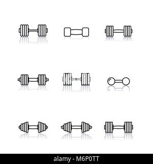 Imposta icona outline manubri di linee sottili isolati su sfondo bianco. Elementi di progettazione di attrezzature sportive per la palestra, illustrazione vettoriale. Illustrazione Vettoriale