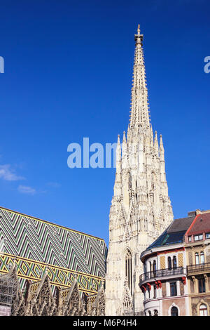 Gotica torre sud di Stephansdom, Vienna, Austria Foto Stock