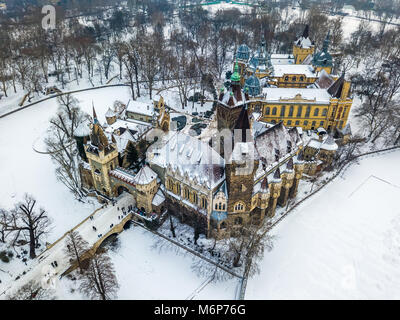 Budapest, Ungheria - vista aerea del bellissimo Castello Vajdahunyad e Museo dell'Agricoltura ungherese nella città nevoso Park (Varosliget) in inverno Foto Stock
