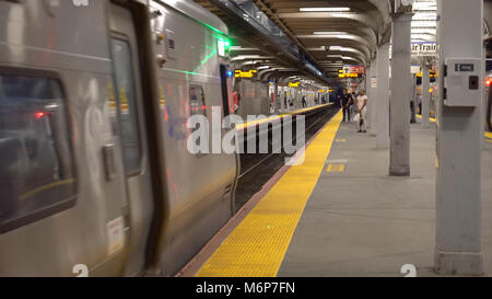 La città di New York, circa 2017: Ferrovia di Long Island LIRR arrivare in treno stazione di Giamaica piattaforma. Passeggeri attendere a commutare home a est di New York City ni Foto Stock