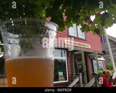 Long Island, NY - Circa 2017: Montauk Brewing Company edificio in background di coppa del marchio per la birra campione in corrispondenza al di fuori del giardino della birra a campione e gusto n Foto Stock