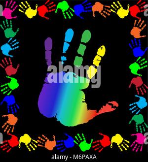 Bright rainbow illustrazione vettoriale con multicolore handprints di confine e big palm stampa in centro su sfondo nero. Illustrazione Vettoriale
