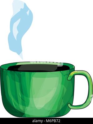 Disegnata a mano cartoon illustrazione di carino verde tazza fumante con bevanda calda isolati su sfondo bianco. Illustrazione Vettoriale. Icona, clip art. Illustrazione Vettoriale