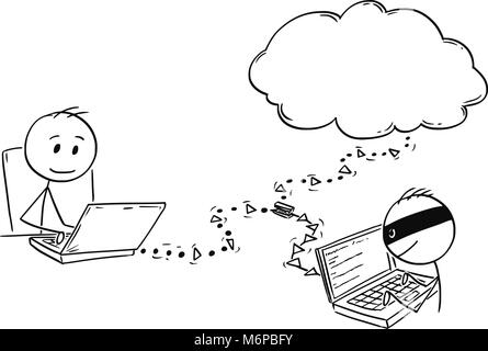 Cartoon di uomo o imprenditore lavorando sul computer mentre è hacker di violare con la sua comunicazione di rete Illustrazione Vettoriale