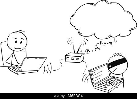 Cartoon di uomo o imprenditore lavorando sul computer mentre Hacker è la violazione al suo router di rete Illustrazione Vettoriale
