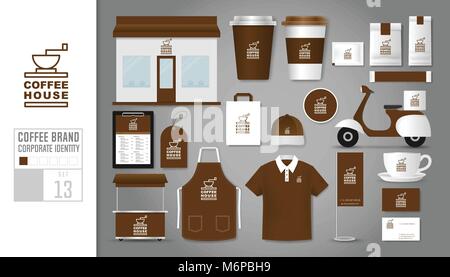 Corporate identity Set modello 13. Concetto di Logo per la caffetteria, bar, ristorante. Realistico mock up set di modelli di negozio, Polo shirt, grembiule, cappuccio, s Illustrazione Vettoriale
