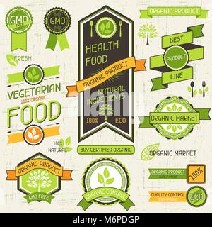Alimenti biologici banner. Set di etichette e adesivi Illustrazione Vettoriale