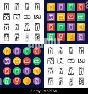 Tutti i pantaloni in una delle icone in Bianco e Nero Color Design piatto Set di Freehand Illustrazione Vettoriale