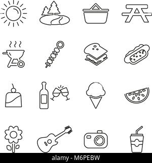 Fare picnic o Barbecue esterno icone linea sottile illustrazione vettoriale impostato Illustrazione Vettoriale