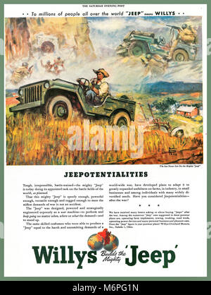 Vintage WW2 1940's Magazine pubblicità per l'Americano Jeep Willys. Illustrante ' Jeepotentialities' per un post-guerra USA di allevamento Foto Stock