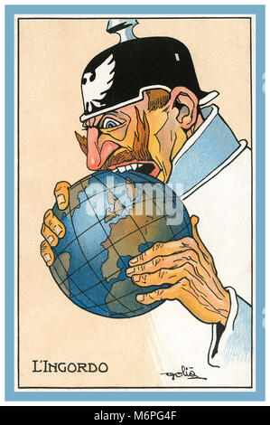 Cartolina D'EPOCA 1900 WW1 Italian poster Cartoon Postcard - Italy Military humour Propaganda "l'Ingordo" l'Ingordo, il mondo troppo difficile da mangiare circa 1915. Il Kaiser Guglielmo II di Germania caricò cercando di mangiare il mondo, ma lo trova "troppo difficile". Mordere più di quanto possa masticare.... Foto Stock