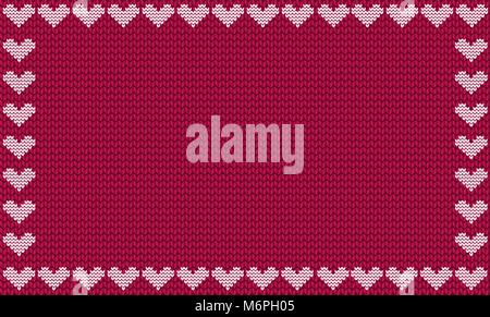 La Borgogna tessuto lavorato a maglia sfondo inquadrato con maglia cuori bianco. Illustrazione Vettoriale, template, poster con spazio per il testo. Illustrazione Vettoriale