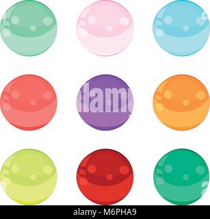 Set di palline colorate o bolle in menta, rosa, blu, rosso, viola, arancione, giallo, viola, verde isolato su sfondo bianco. Illustrazione Vettoriale, ico Illustrazione Vettoriale