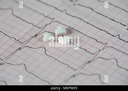 Cardiologia. Macro di grafico ECG e cardio pillole. Pillole come un cuore. Foto Stock