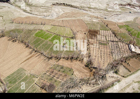 Foto aeree prese tra Kabul e Ghazni in Afghanistan con campi agricoli e alberi Foto Stock