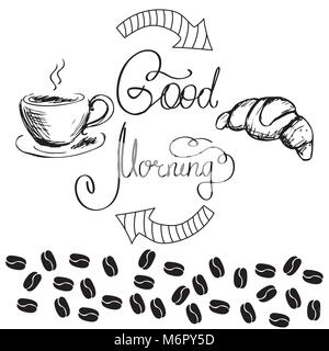 Buona mattina lettering con tazza di caffè e croissant, nero su sfondo bianco, stock illustrazione vettoriale Illustrazione Vettoriale