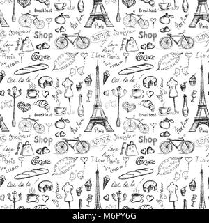 Seamless pattern simboli di Parigi, mano oggetti disegnati o icone isolati su sfondo bianco, stock illustrazione vettoriale Illustrazione Vettoriale