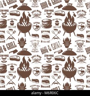 Modello senza cuciture con steak house simboli. Grill barbeque, carni fresche. Elemento di design per poster, menu, flyer, banner, menu, pacchetto. Illustrazione Vettoriale Illustrazione Vettoriale